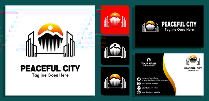 building construction logo design template with mountains and sun. and business card design templates. vector illustration
