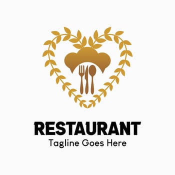 Inspiring restaurant vector logo. Abstract creative logotype. wheat or rice icon, chef hat and cutlery in heart. Classic, vintage and modern logo illustration. Business company logo template.