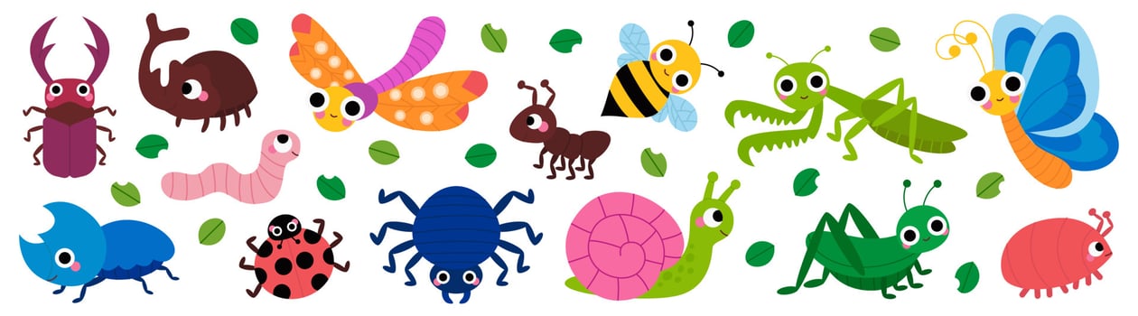 Set of cute garden insects, bugs. Snail, spider, butterfly, stag-beetle, mantis, dragonfly, grasshopper, worm, spider, ladybug, bee, beetle, ant for children. Funny childish characters. vector