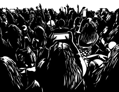 Crowd of Young People with Cellphone at a Live Concert Woodcut Style vector