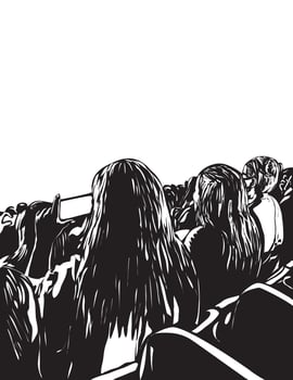 Crowd of Young People with Cellphone at a Live Concert Woodcut Style Portrait vector