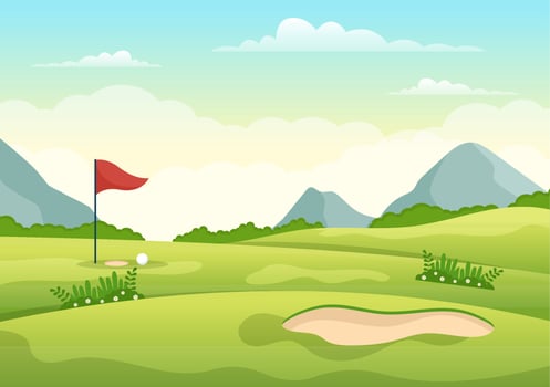 Golf Sport Illustration with Flags, Cart, Sticks, Green Field and Sand Bunker for Outdoors Fun or Lifestyle in Flat Cartoon Hand Drawn Templates vector