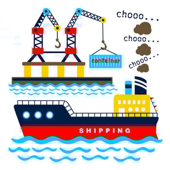 Cargo ship in a port, vector cartoon illustration