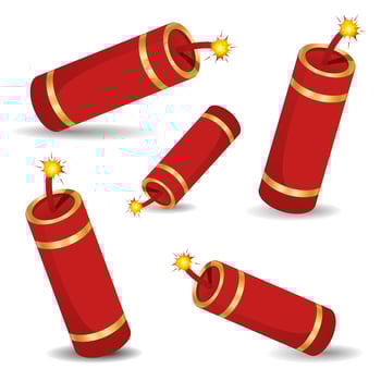 Festive Chinese New Year firecracker set. Isolated on white and red, exploding with flashes and smoke. Translated characters Good Luck and double love. Vector illustration.