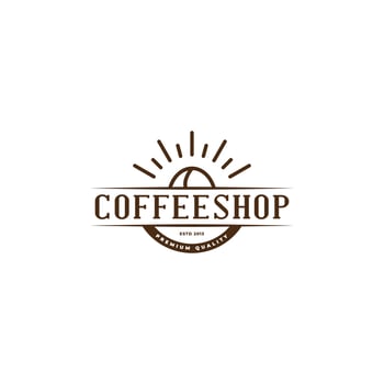 Vintage coffee shop logo with line art of sun and coffee beans. vector