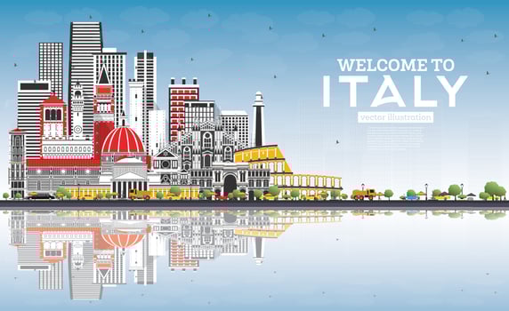 Welcome to Italy City Skyline with Gray Buildings, Blue Sky and Reflections. vector