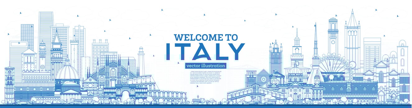 Outline Welcome to Italy Skyline with Blue Buildings. vector