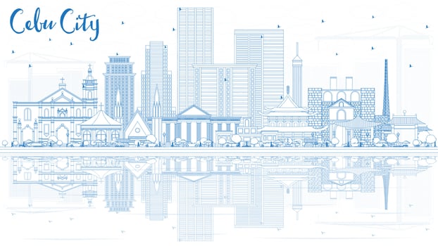 Outline Cebu City Philippines Skyline with Blue Buildings and Reflections. vector