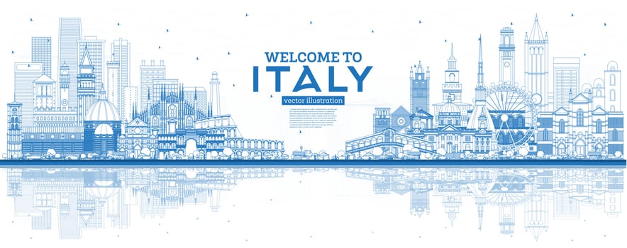 Outline Welcome to Italy City Skyline with Blue Buildings and Reflections. vector