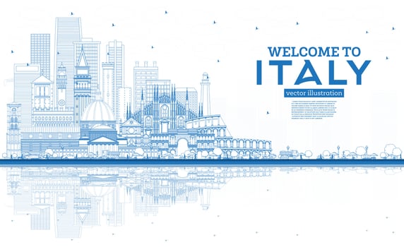 Outline Welcome to Italy City Skyline with Blue Buildings and Reflections. vector