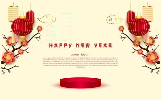 white chinese new year with empty podium with flower ornaments vector