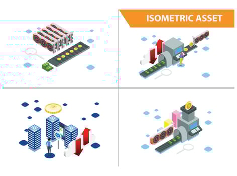 Modern 3d Isometric Set collection Smart Mining Bitcoin online Technology Illustration in White Isolated Background With People and Digital Related Asset vector