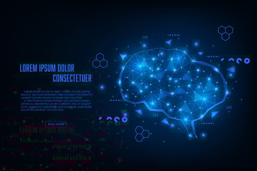 Vector artificial intelligence hardware concept. Blue light glowing connection hologram brain. Technology abstract background.