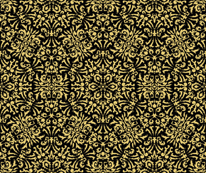 Vintage Seamless Pattern with Golden Ornaments on a black background. For fabric, wallpaper, venetian pattern,textile, packaging. vector