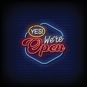 neon sign we are open with brick wall background vector illustration