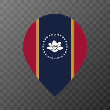 Map pointer with flag Mississippi state. Vector illustration.