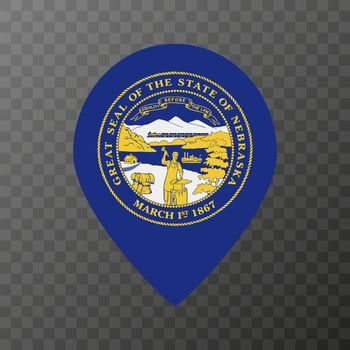 Map pointer with flag Nebraska state. Vector illustration.