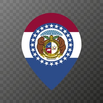 Map pointer with flag Missouri state. Vector illustration.