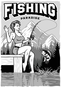 Monochrome vintage fishing poster with a pin up girl vector