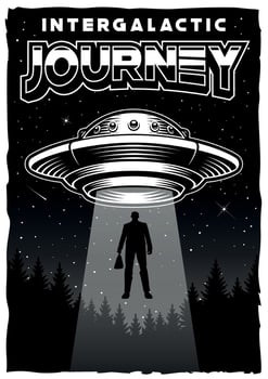 Black and white vintage UFO themed poster with flying saucer illustration. vector