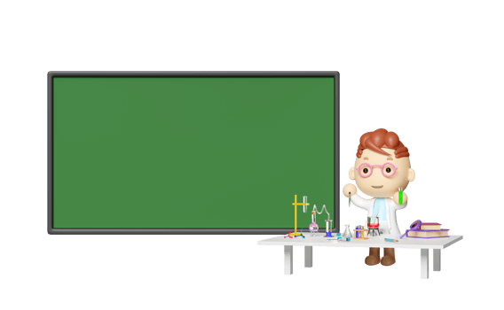 3d green blackboard with cartoon boy, beaker, test tube, science experiment kit, space isolated. room online innovative education concept, 3d render illustration png