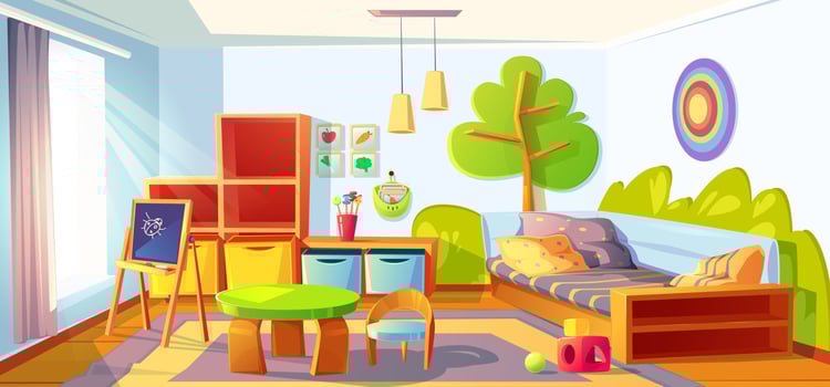 Kids bedroom, empty child room indoors interior vector