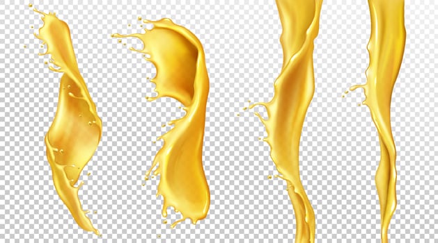 Orange juice streams with drops, liquid splashes vector
