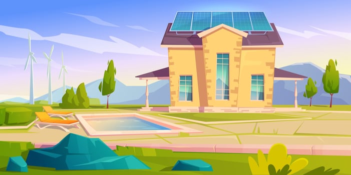 House with solar panels and wind mills. Eco home vector
