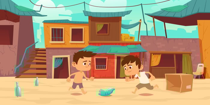 Kids in ghetto play football with bottle and box vector