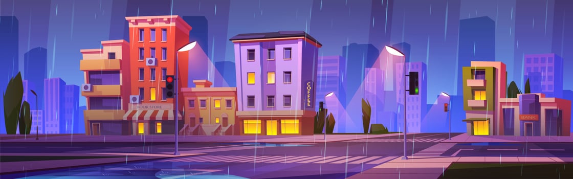 City landscape with houses and crossroad in rain vector