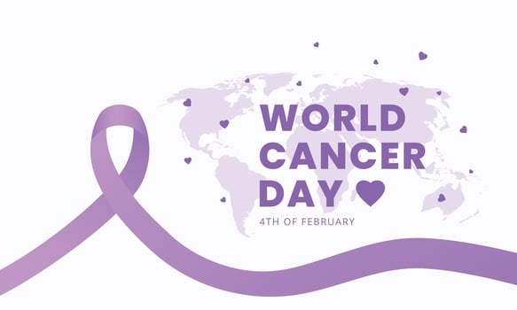 World Cancer Day event poster or banner background template design with purple ribbon symbol and world map vector illustration