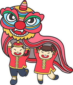 Hand Drawn Chinese lion dancing with Chinese children illustration png