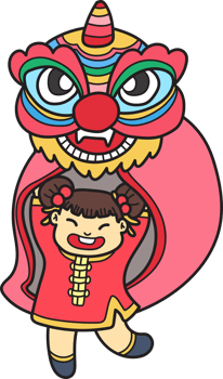 Hand Drawn chinese lion dance with chinese girl illustration png