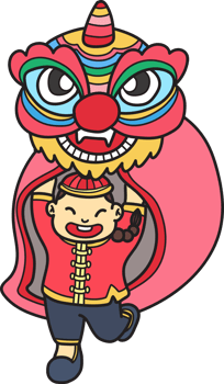 Hand Drawn Chinese lion dancing with Chinese boys illustration png