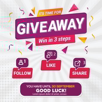Giveaway quiz contest and announcement for social media feed. Vector template prize win competition with steps