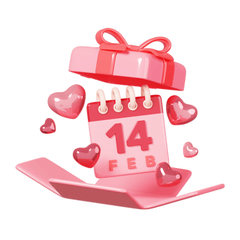 3D rendering pink open gift box with 14 feb calendar and heart shape isolated. 14 February Happy Valentine's Day icon. png