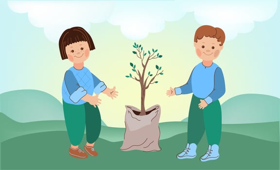 Kids with saplings to plant .Tu bishvat. Jewish holiday.New Year for Trees. Vector cartoon doodle illustration.