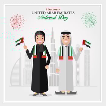 UAE national Day greeting card. cartoon Emirati kids holding UAE national flag celebrating United Arab Emirates National Day vector