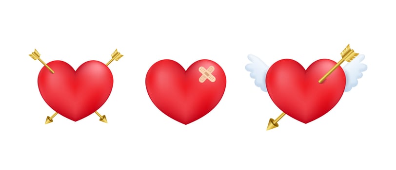 Set of 3d hearts with cupid arrow and wing. Valentine's day decorative element for wedding love card, invitation background. Vector illustration