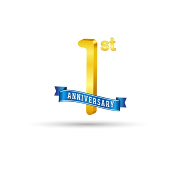 1st golden Anniversary logo with blue ribbon isolated on white background. 3d gold Anniversary logo vector