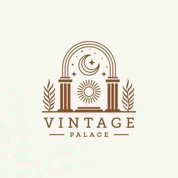 mystic sun doorway logo, antique arch architecture entrance and stairway icon, with door, window and palm trees in contemporary aesthetic boho style vector