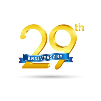 29th golden Anniversary logo with blue ribbon isolated on white background. 3d gold Anniversary logo vector