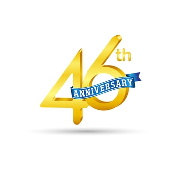46th golden Anniversary logo with blue ribbon isolated on white background. 3d gold Anniversary logo vector