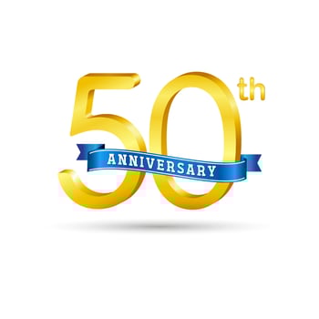 50th golden Anniversary logo with blue ribbon isolated on white background. 3d gold Anniversary logo vector