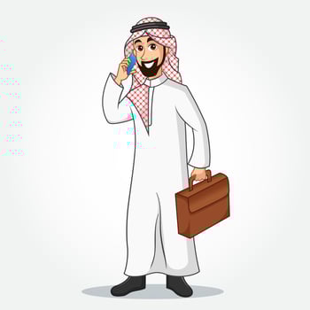 Arabic Businessman cartoon Character in traditional clothes speaking on smart phone and Holding a Briefcase vector