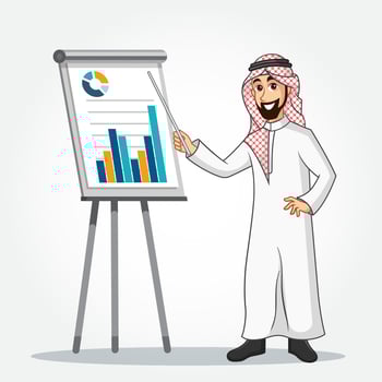Arabic Businessman cartoon Character in traditional clothes doing a presentation vector