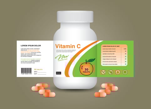 Vitamin C supplement bottle Packaging, Cosmetic packaging design. product design. Beauty label, 3d supplement bottle, 3d white plastic Pills box, White medical container. healthcare bottle, vector