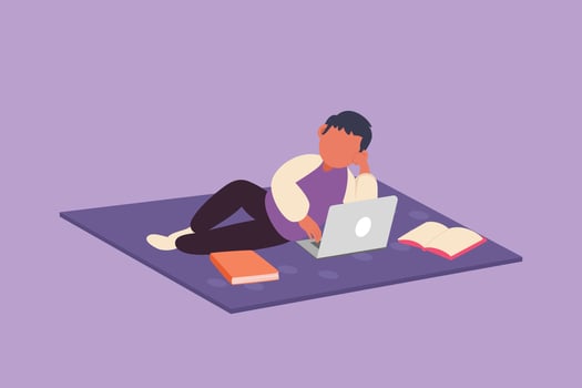 Graphic flat design drawing little boy character lying on floor and typing on laptop keyboard. Cute child using computer and learning from home. Kid studying at home. Cartoon style vector illustration