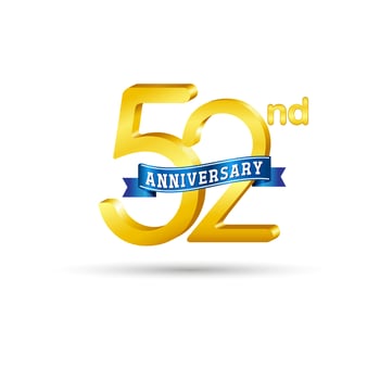 52nd golden Anniversary logo with blue ribbon isolated on white background. 3d gold Anniversary logo vector