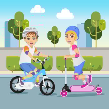 Cute cartoon little boy and girl ride bicycle and scooter at the park vector